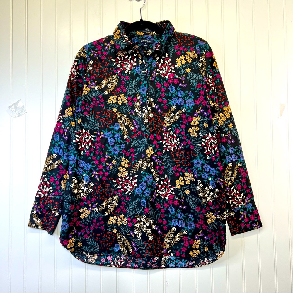 NWOT Lands End Floral tunic blouse 12 no iron 100% cotton